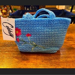 1990’s Retro Blue Crochet Girls’ Purse with Hot Pink Embroidered Flowers (NWT)